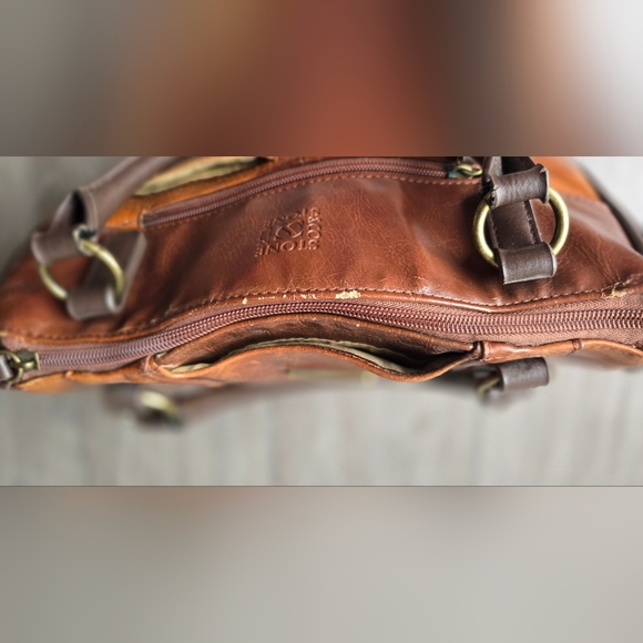Stone & Co Genuine Leather Satchel Cognac Boho Distressed Vintage Two-Tone - Picture 5 of 8